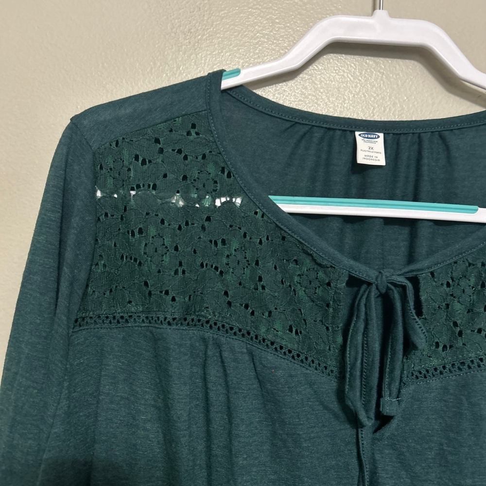 Old Navy Blouse 2X Teal Green Lace Yoke Boho Long Sleeve Cottagecore Peasant Top - Picture 2 of 9
